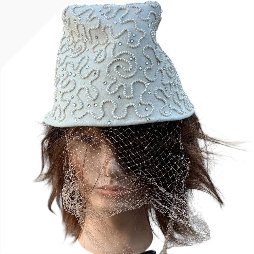 Vintage Style White Pearl Rhinestone Pillbox Hat Birdcage Veil Bridal Formal